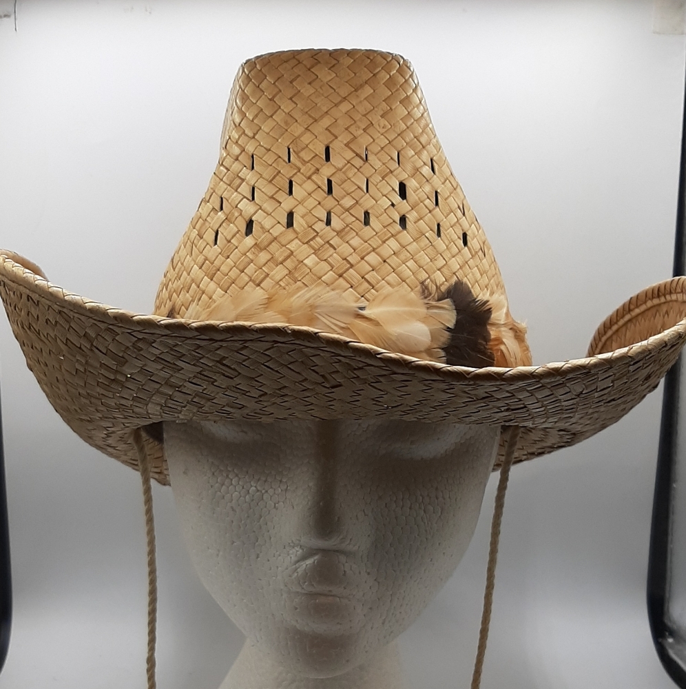 Vintage YR Straw Woven Hat Cowboy Western Hat Feathers Accent Size Medium